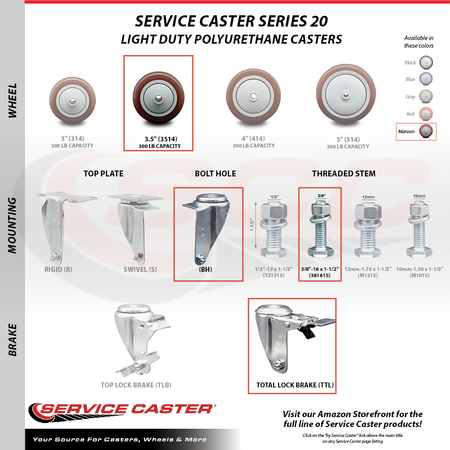 Service Caster 3.5 Inch SS Maroon Polyurethane 3/8 Inch Threaded Stem Caster Total Lock Brake SCC-SSTSTTL20S3514-PPUB-MRN-381615